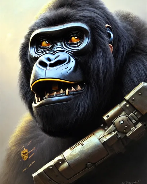 Image similar to winston the gorilla with a armor helmet on from overwatch, character portrait, portrait, close up, concept art, intricate details, highly detailed by greg rutkowski, michael whelan and gustave dore