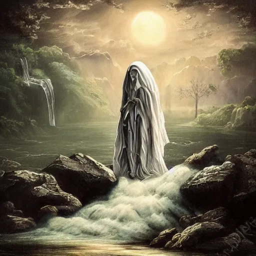 Prompt: ominous bedsheet ghost floating above a waterfall, oil painting, brush strokes, gloomy foggy atmosphere, symmetrical, full body image, highly ornate intricate details,