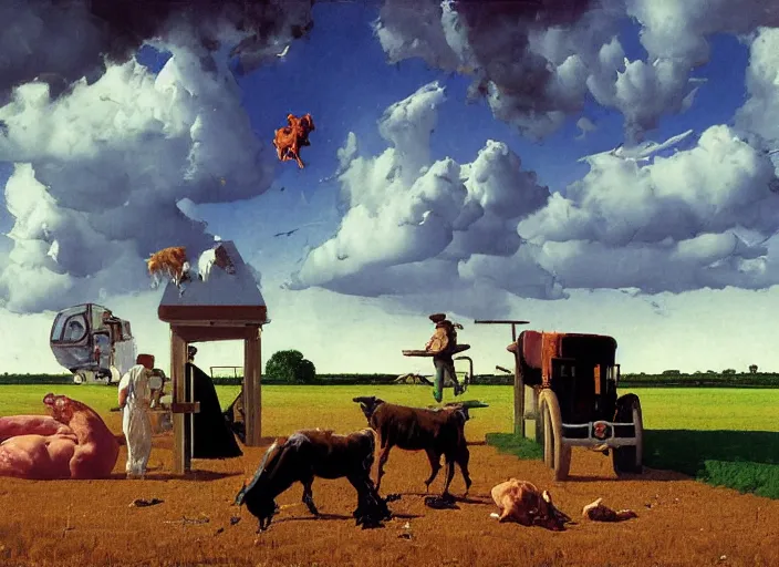 Prompt: a farm life scene by francis bacon, surreal, soft blue sky over the farm, norman rockwell and james jean, greg hildebrandt, and mark brooks, triadic color scheme, by greg rutkowski, in the style of francis bacon and syd mead and edward hopper and norman rockwell and beksinski, dark surrealism, open ceiling