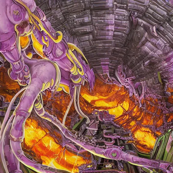 Image similar to detailed shot of inside a cavernous living stomach of a giant mecha dragon, the walls purple and pulsing, slimy and hot, lots of acid pooling up on the floor, digesting humans that ended up inside, swallowed by the dragon, food pov, micro pov, vore, digital art, furry art, high quality, 8k 3D realistic, macro art, micro art, Furaffinity, Deviantart, Eka's Portal, G6