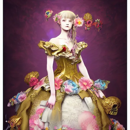 Image similar to 8 k, octane render, realism, tonalism, renaissance, rococo, baroque, portrait of a young - lady wearing long - harajuku manga - dress with flowers! and skulls, background chaotic gold leaf flowers, cotton candy!!