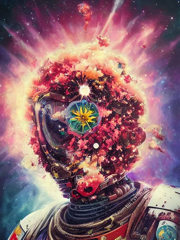 Image similar to art portrait of space marine with flower exploding out of head,by tristan eaton,Stanley Artgermm,Tom Bagshaw,Greg Rutkowski,Carne Griffiths,trending on DeviantArt,face enhance,chillwave,minimalist,cybernetic, android, blade runner,full of colour,