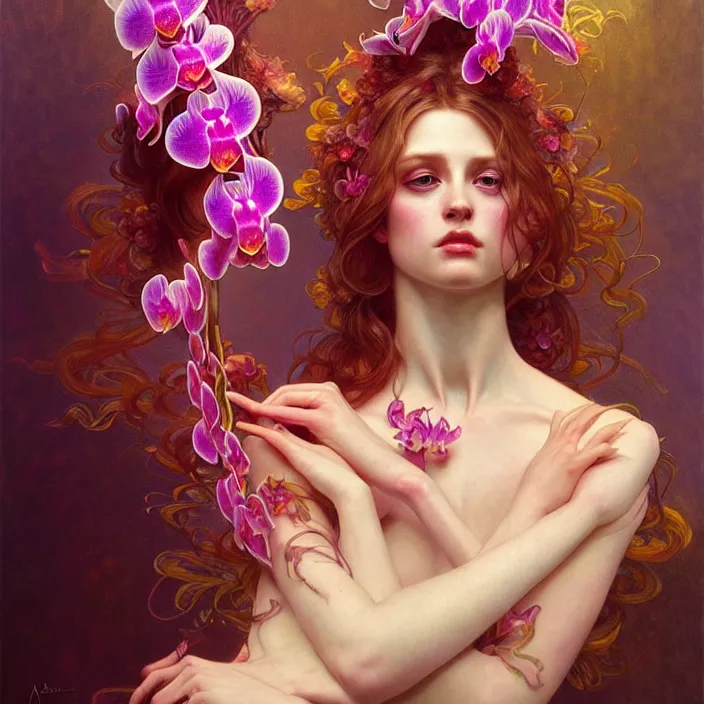 Prompt: psychedelic orchid, diffuse lighting, fantasy, intricate, elegant, highly detailed, lifelike, photorealistic, digital painting, artstation, illustration, concept art, smooth, sharp focus, art by John Collier and Albert Aublet and Krenz Cushart and Artem Demura and Alphonse Mucha