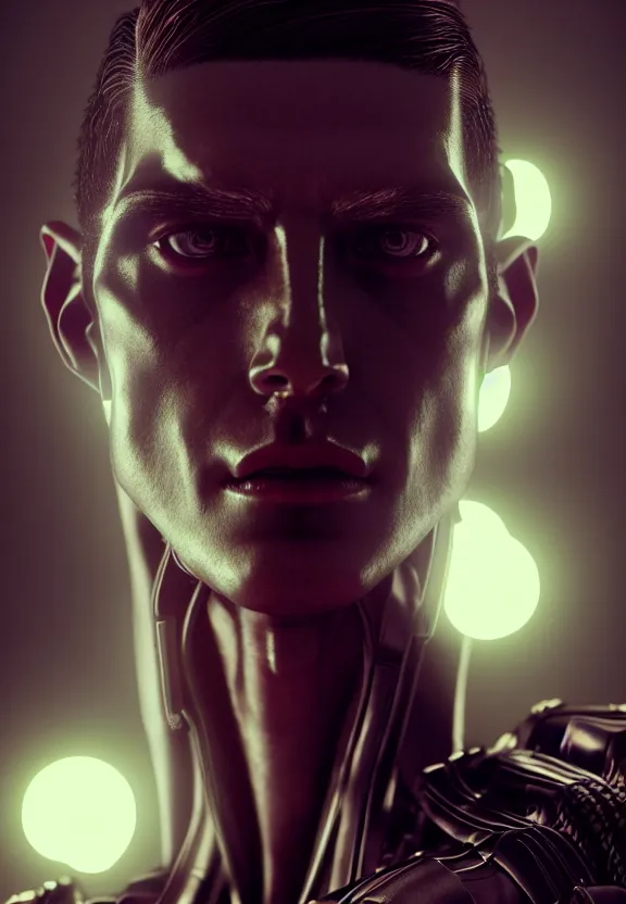 Image similar to ultra realist intricate detailed painting of a single attractive ( ( cyborg ) ) male, neon tech, model pose, art by vitaly bulgarov and nivanh chanthara, hyperrealistic, soft lighting, octane render