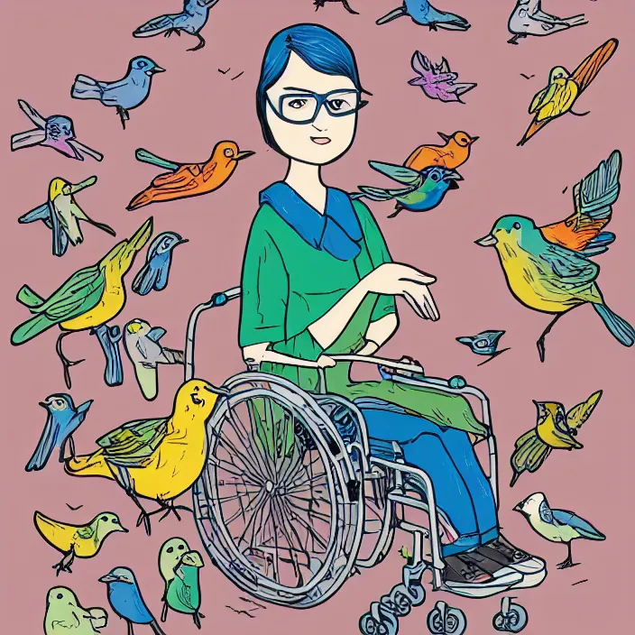 Image similar to a nerdy woman in a wheelchair, surrounded by birds, a full color illustration by mike mignolia