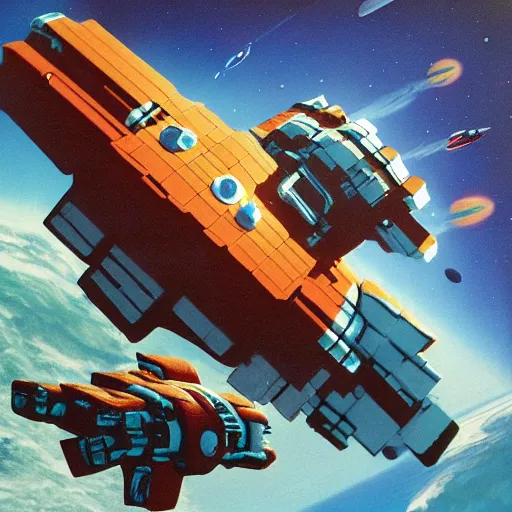 Prompt: a space dog fight with spaceships in the style of chris foss