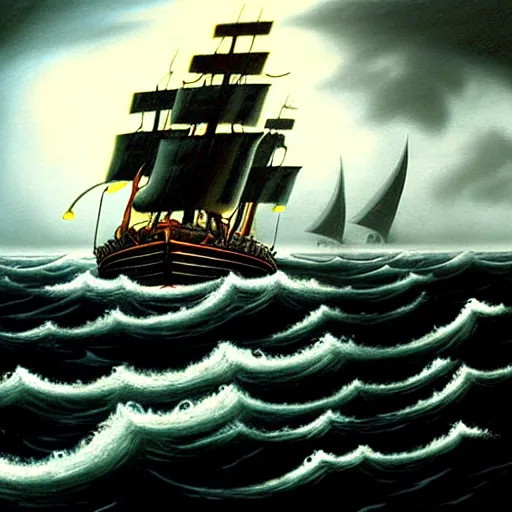 Image similar to a highly detailed hyperrealistic scene of a ship being attacked by giant squid tentacles, jellyfish, squid attack, dark, voluminous clouds, thunder, stormy seas, pirate ship, dark, high contrast