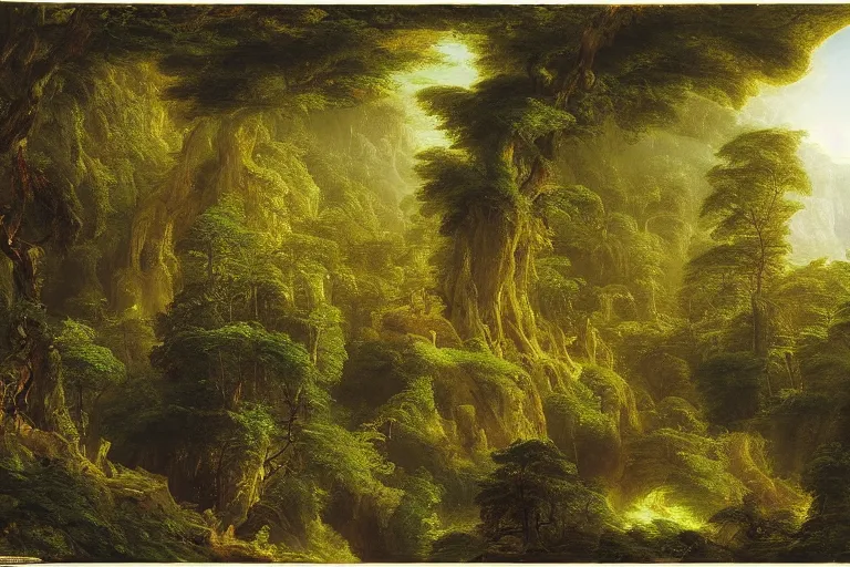 Prompt: top down view of lush pine forest, many witch houses, river flowing through the forest by thomas cole by justin gerard