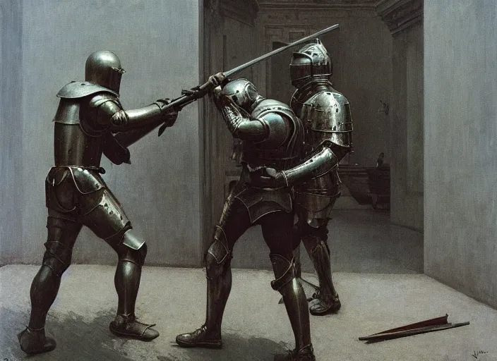 Image similar to а swat captures knight in armor, rome, highly detailed, soft lighting, elegant, works by edward hopper and james gillard, zdislaw beksinski, stephen outram, andreas m wiese, highly detailed