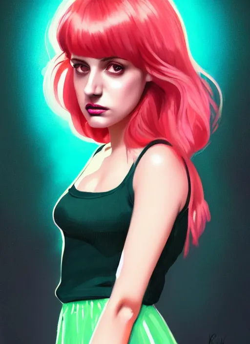 Image similar to full body portrait of teenage cheryl blossom, bangs, green eyes, sultry expression, red hair, sultry smirk, bangs and wavy hair, pink skirt, bangs, intricate, elegant, glowing lights, highly detailed, digital painting, artstation, concept art, smooth, sharp focus, illustration, art by wlop, mars ravelo and greg rutkowski