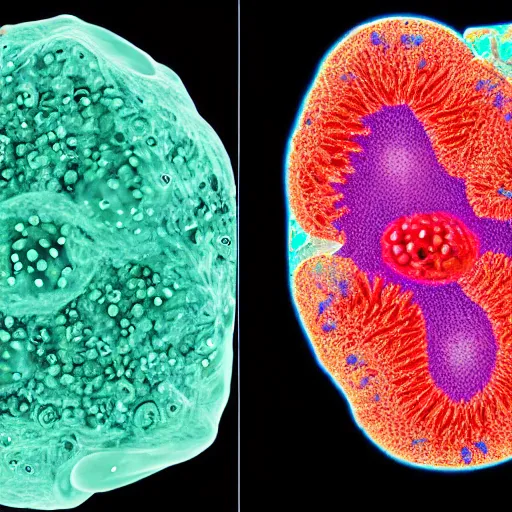 Prompt: a microscopy image showing a cell with a normal nucleus and one cell with an abnormal stained nucleus, confocal miscroscopy, paper, cell journal, cell biology, nature journal, science