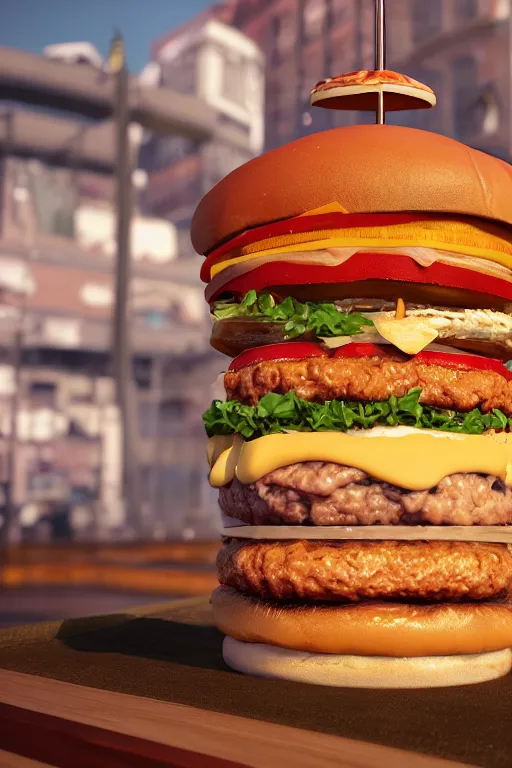 Image similar to tall burger with shrimps and cheese, high details, cinematic, 8k resolution, beautiful detailed, insanely intricate details, artstation trending, octane render, unreal engine,