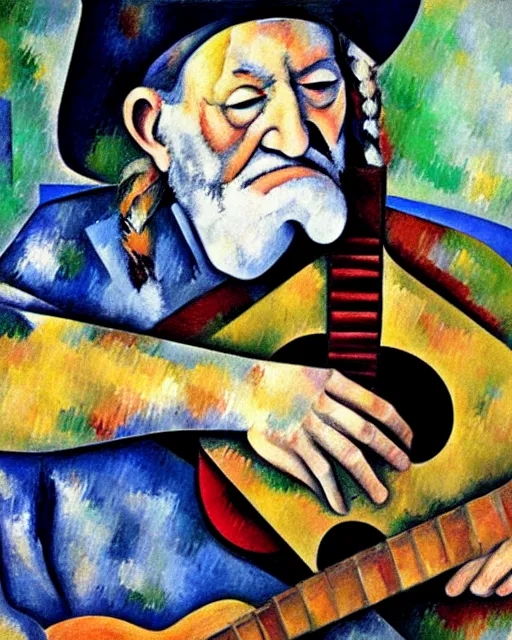 Image similar to a cubism portrait of willie nelson hugging his guitar, in the style of paul cezanne, digital art, hyperrealist