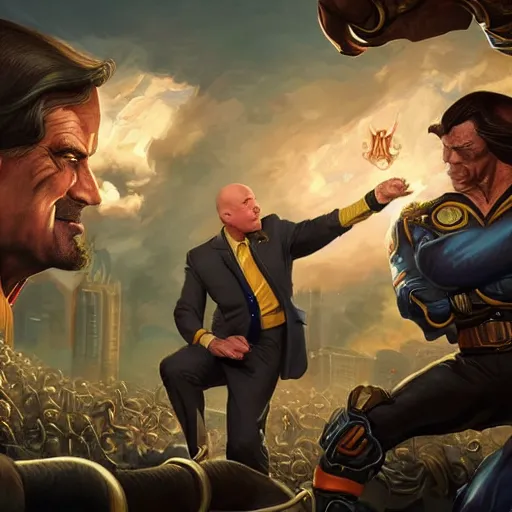 Prompt: presidente bolsonaro fighting against lex luthor. intricate, elegant, highly detailed, digital painting, artstation, concept art, sharp focus, illustration, by justin gerard and artgerm, 8 k