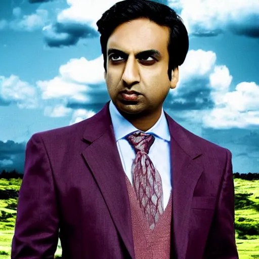 Image similar to Raj Koothrappali as Saul Goodman, promo poster, clouds in the background