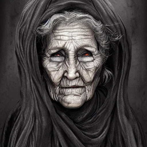 Prompt: portrait, old wrinkled witch. dark clothes. high detail, digital art, masterpiece, concept art, illustration