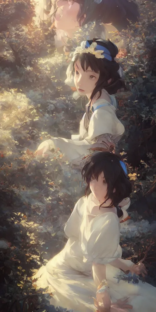 Prompt: still from snow white if made by krenz cushart and wenjun lin, portrait, illustration, rim light, top light, summer clear blue sky, perfectly shaded, soft painting, epic, intricate, art