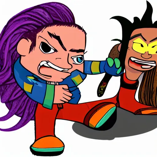 Prompt: character screenshot of ufc sean o'malley in psychonauts, rainbow hair dreadlocks, ps 3 video game, dream world, 7 2 0 p, cutscene, cartoony designed by scott campbell