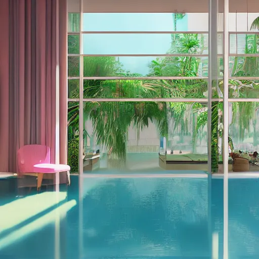 Image similar to A sunlit indoor lounge area with a pool with clear water and another pool with translucent pastel pink water, next to a big window, digital art, trending on Artstation