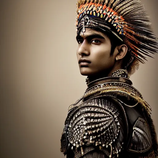 Image similar to a portrait of a beautiful young indian male wearing an alexander mcqueen armor , photographed by andrew thomas huang, artistic