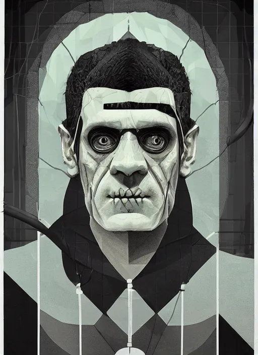 Image similar to symmetry!! portrait of frankenstein by sachin teng, organic, cables, black and white, matte painting, geometric shapes, hard edges! graffiti, street art