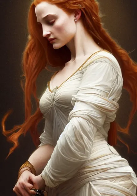 Image similar to sansa old mummy angeline jolie gessica chastain, intricate, elegant, highly detailed, digital painting, artstation, concept art, smooth, sharp focus, illustration, art by artgerm and greg rutkowski and alphonse mucha and william - adolphe bouguereau