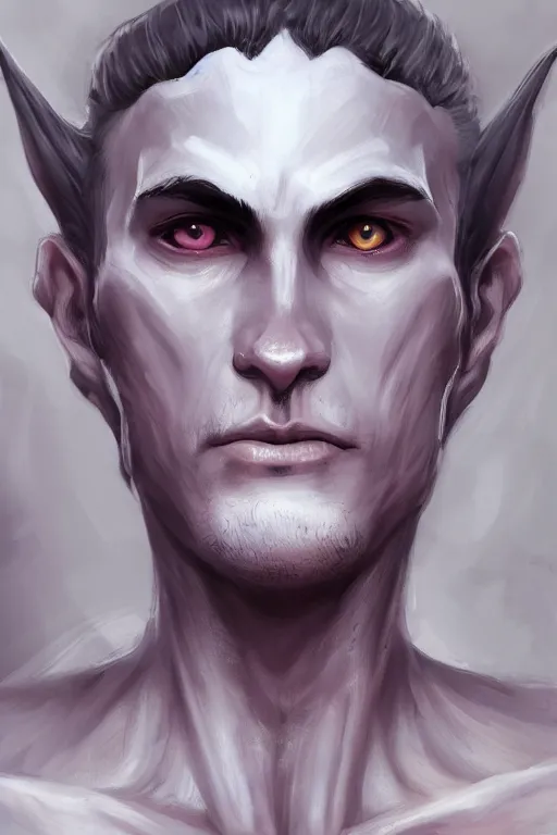 Image similar to djinn man male demon, portrait, full body character concept art, costume design, illustration, white horns from eyebrows, single face, cinematic color grading, editorial photo, fashion, hyperrealism, trending on artstation, Charlie Bowater, WLOP