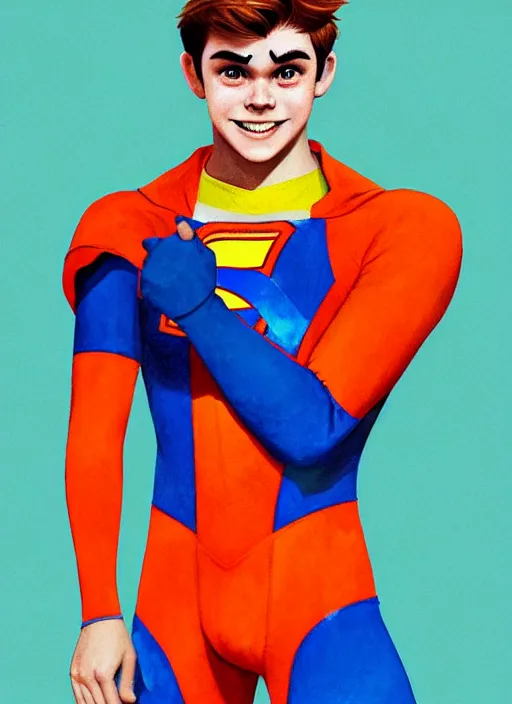 Image similar to friendly teenage archie andrews wearing an orange superhero costume with heart logo, heart, freckles, blue cape, heart emblem on chest, blue cape, intricate, elegant, glowing lights, highly detailed, digital painting, artstation, sharp focus, illustration, art by wlop, mars ravelo and greg rutkowski