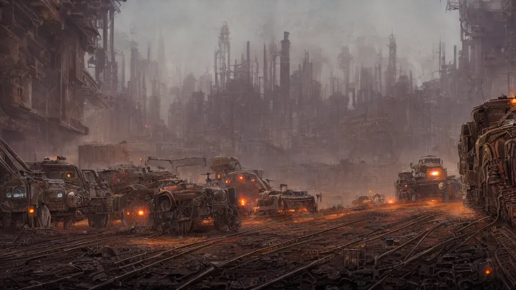 Image similar to A rusty old Mortal Engine City on tank tracks trundling along in a hot sunny desert, gleaming volumetric-lighting-style atmosphere, a dark gloomy futuristic atmosphere, intricate, detailed, photorealistic imagery, oil on canvas, illustrated by Ian McQue, trending on artstation, 4k, 8k