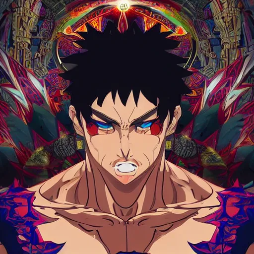 Prompt: 4K headshot portrait of godlike Ninja with defined arms and open hands and bloody clothes with giant mandala wings , intricate face , flawless anime cel animation by Kentaro Miura, psychedelic , highly detailed upper body , professionally post-processed , beautiful, scary, symmetry accurate features, epic, octane rendered, anime masterpiece, accurate by Craig Mullins, ilya kuvshinov, krenz cushart, epic , artgerm trending on artstation by Edward Hopper and Dan Mumford and WLOP and Rutkovsky, beksinski carl spitzweg moebius and tuomas kocar, intricate artwork by caravaggio, Unreal Engine 5, Lumen, Nanite