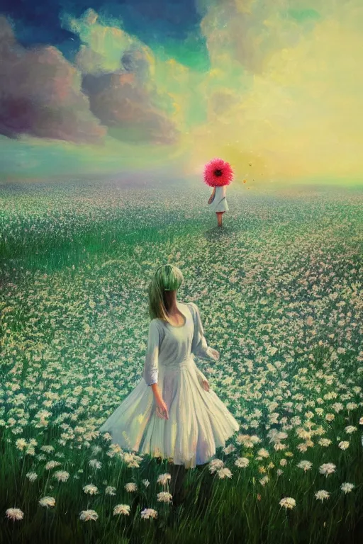 Prompt: exploding white daisy flower as head, girl dancing in a flower field, surreal photography, sunrise, dramatic light, impressionist painting, colorful clouds, digital painting, artstation, simon stalenhag