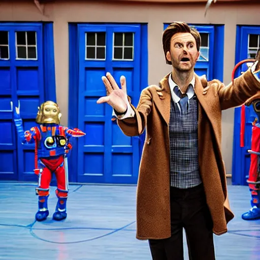 Image similar to promotional image of an action shot of David Tennant as Doctor Who at a polka dancing contest at the YMCA basketball gym, around the gym cybermen and daleks and captain jack are clapping, in the background the Tardis door is wide open, frenetic, quirky, movie still, promotional image, imax 70 mm footage, HDR, 8K, 4K, ultrarealistic, photorealistic