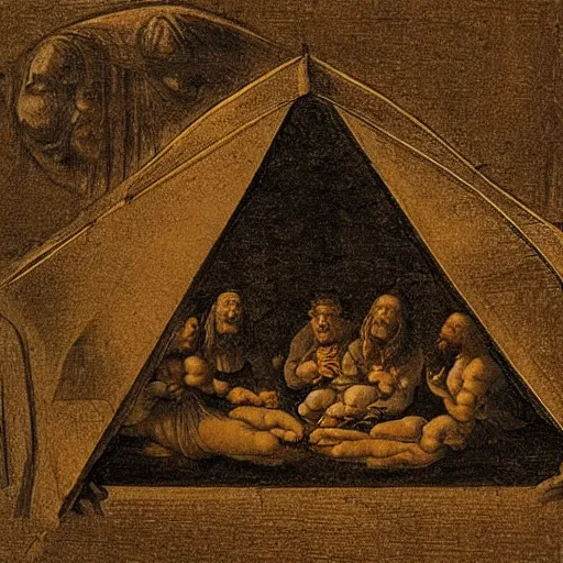 Prompt: logo of a tent with people inside in the style of Leonardo da Vinci, black background