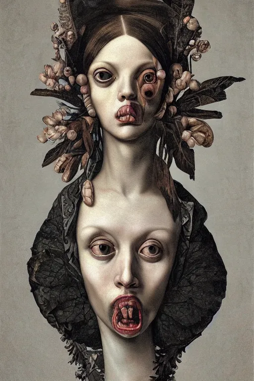 Image similar to Detailed maximalist portrait with large lips and with large wide eyes, surprised expression, surreal extra flesh and bones, HD mixed media, 3D collage, highly detailed and intricate, illustration in the style of Caravaggio, dark art, baroque