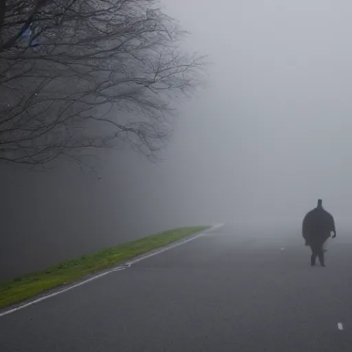 Image similar to mist, there\'s a shadowy figure on the road, with glowing eyes