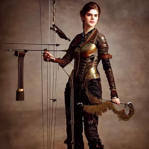 Prompt: full body photo of alexandra daddario as a female steampunk archer