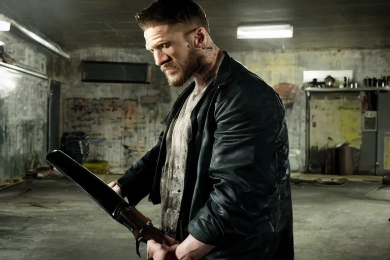 Image similar to film still of Tom Hardy as Max Payne in a body shop garage holding a baseball bat in the Max Payne movie, 4k