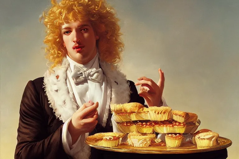 Image similar to Lucius as a pale albino prince of luxurious scintillating radiance, long fluffy blond curly hair, enjoying delicate cakes and pastries, oil on canvas, golden hour, artstation, by J. C. Leyendecker and Peter Paul Rubens