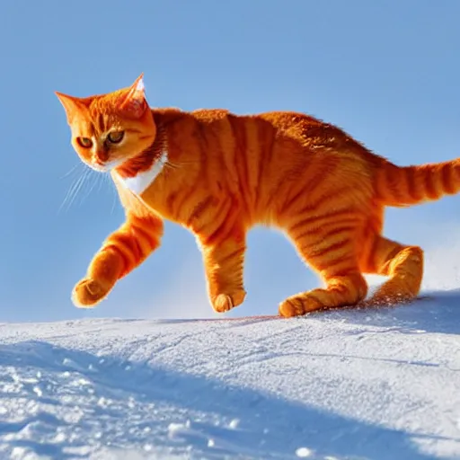 Prompt: a plain orange tabby cat skiing