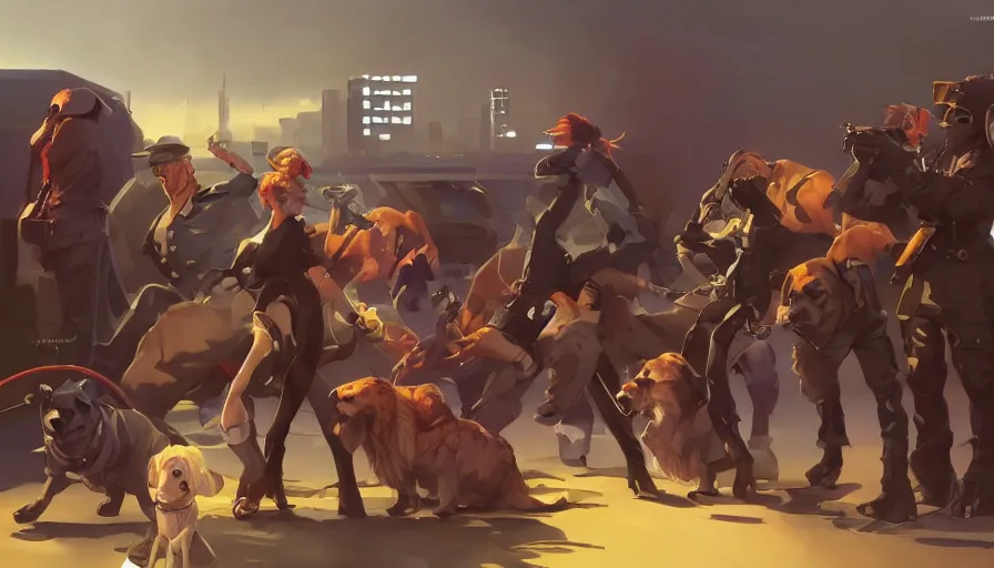 Image similar to a group of lawbreaking dogs trying to appear funny, cyberpunk art by yumihiko amano, jesper ejsing, by rhads, makoto shinkai and lois van baarle, ilya kuvshinov, cgsociety, figurative art, toonami, zbrush, official art