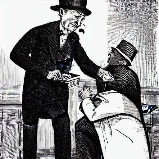 Image similar to a photograph of a doctor diagnosing a terrified patient. The patient is dressed in a suit and tophat with a monocle and union jack flag