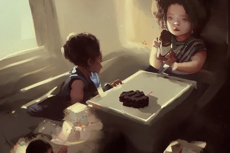 Image similar to little girl eating oreos, her baby sister is playing video games, the little girls are black, a beautiful painting , by greg rutkowski and kalin popov , trending on artstation hd