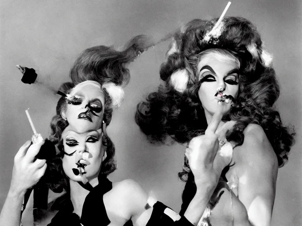 Image similar to Glamorous drag queen with heavy makeup and a big wig smoking a cigarette in a Federico Fellini film, lighting, highly detailed, cinematic