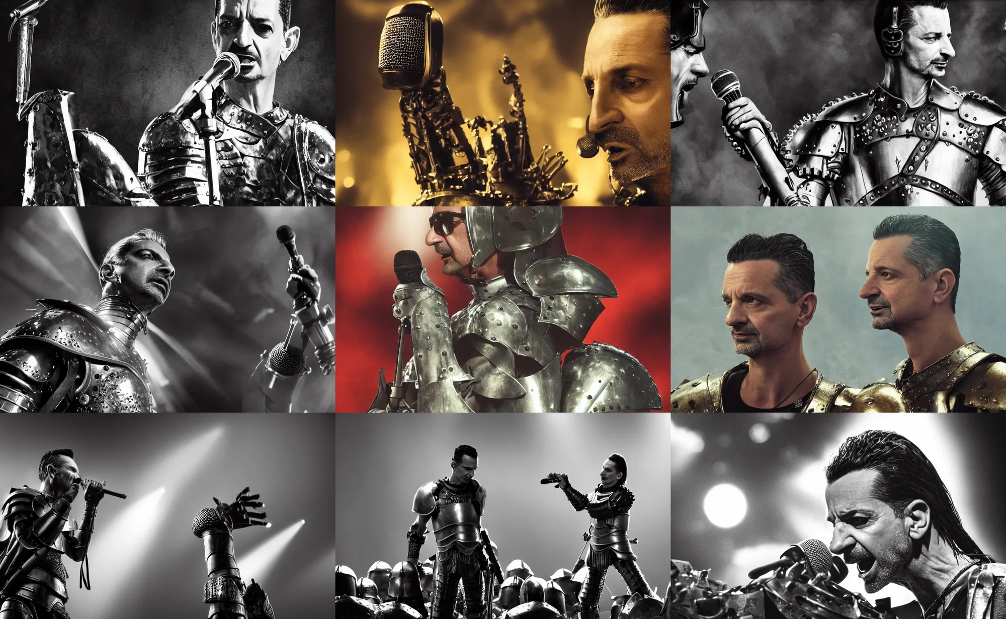 Prompt: cinematic close up artwork of dave gahan wearing armor with a microphone in front of warriors fighting in battle by greg rutowski, 4 k, sun rays, masterpiece