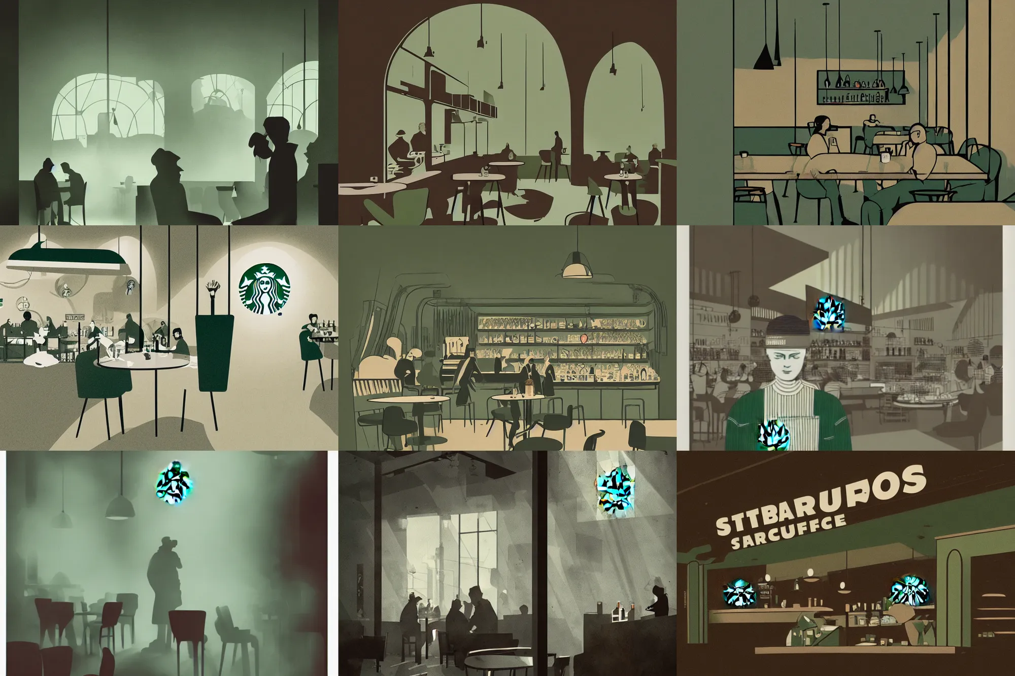 Prompt: editorial illustration by karolis strautniekas and mads berg, illustrated starbucks interior, low fog, fine texture, detailed, ( ( green white brown ) ), muted colors, dramatic lighting, dynamic composition, vivid, matte print, wide angle, ( ( sunbeams ) ), moody