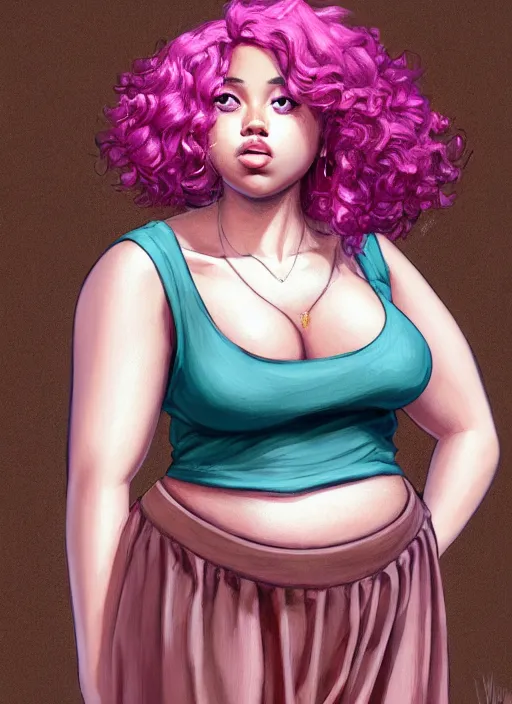 Image similar to full body portrait, teenage vanessa morgan, pink hair, brown skin, obese, curly pixie hair, sultry, realistic, short hair, hoop earrings, skirt, shirt, fat, belly, intricate, elegant, highly detailed, digital painting, artstation, concept art, smooth, sharp focus, illustration, art by wlop, mars ravelo and greg rutkowski