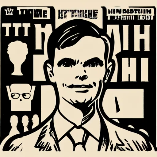 Prompt: individual die cut sticker alan turing silk screen butcher billy style