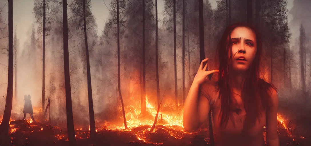 Image similar to full portrait of a young woman watching a forest fire, smoke, flames, dark, gloomy, horror, screaming, insanely detailed, photorealistic, cinematic, dramatic lighting,