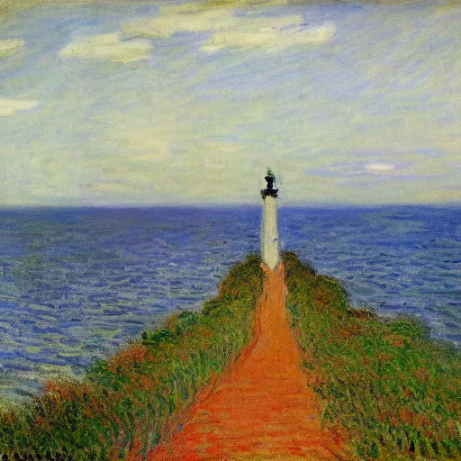 Prompt: A road leading to the lighthouse, by Claude Monet