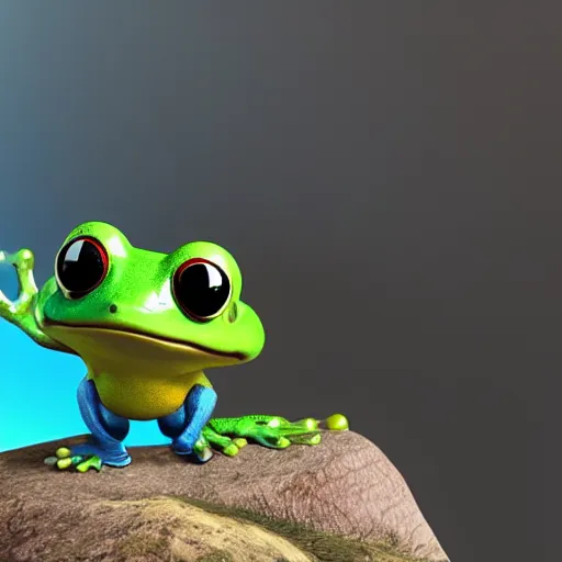 Image similar to 3 d octane render chibi frog character skiing down a mountain, pixar style